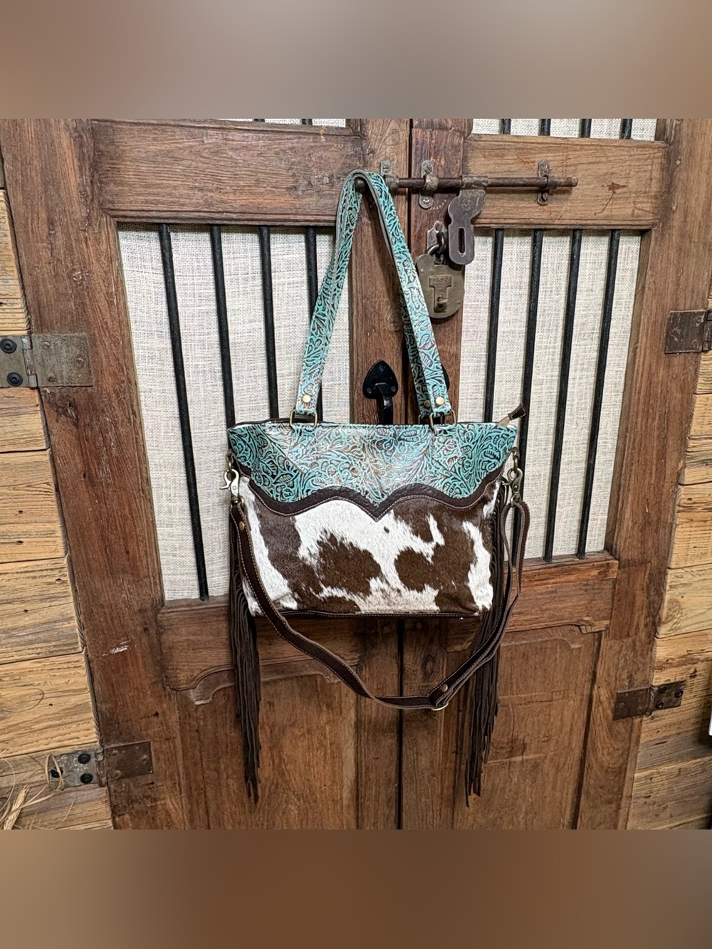 Myra Bag Zapata Leather & Hair on Bag Turquoise Tooled Leather Fringe